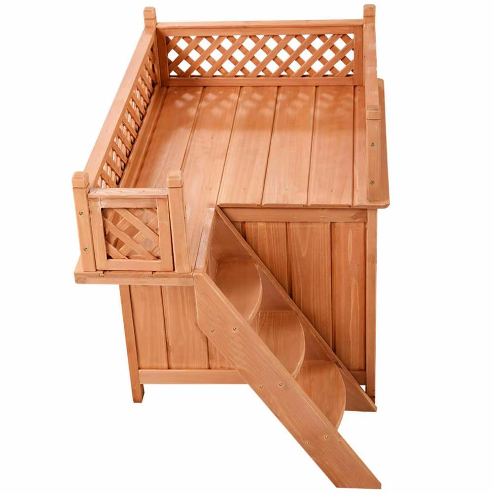 Costway Wooden Puppy Pet Dog House Wood Room In/Outdoor Raised Roof Balcony Bed Shelter