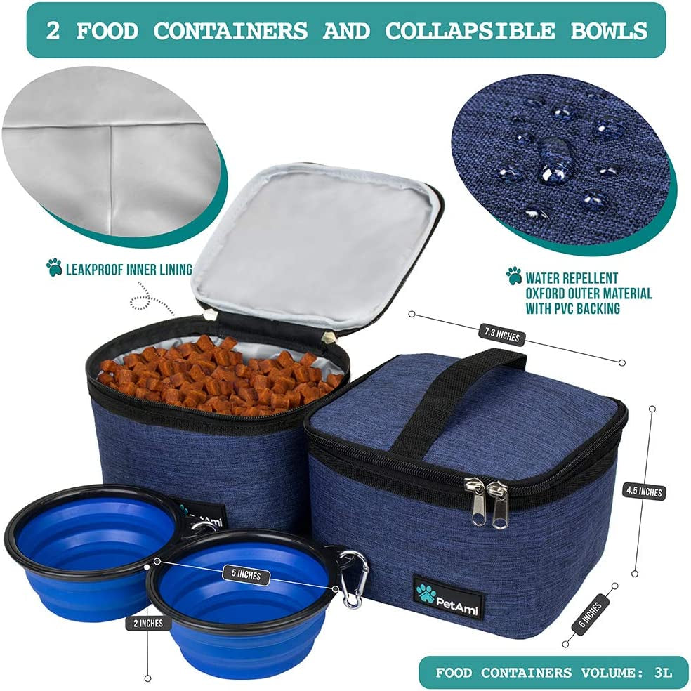 Dog Food Travel Bag with Food Container and Bowls.