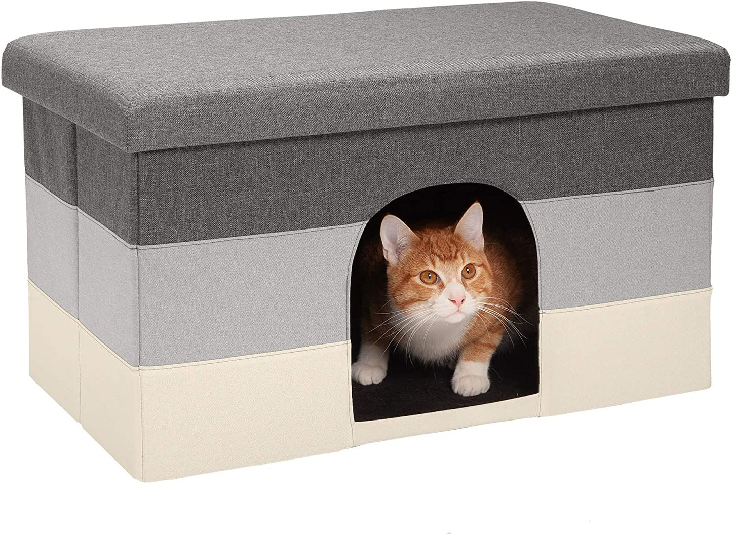 Pet House for Indoor Cats & Medium/Small Dogs, Collapsible & Foldable W/ Plush Ball Toy - Living Room Ottoman Cat Condo - Hygge Stripe (Gray/Cream), Large