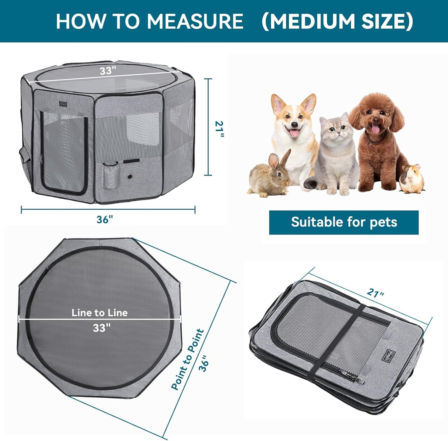 Portable Dog Playpen 36" Portable Pet Play Pens for Small Medium Dogs, Cat Playpen Indoor/Outdoor with Carring Case, Removable Zipper Top and Bottom,Medium (36"X36"X21")