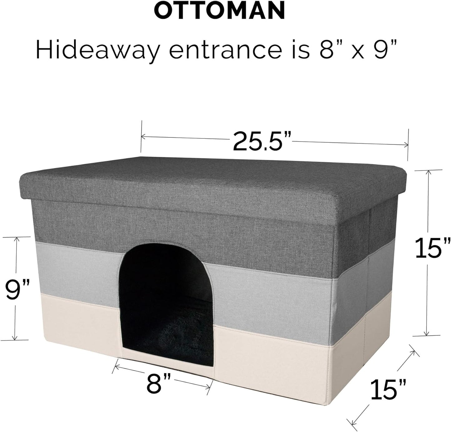 Pet House for Indoor Cats & Medium/Small Dogs, Collapsible & Foldable W/ Plush Ball Toy - Living Room Ottoman Cat Condo - Hygge Stripe (Gray/Cream), Large