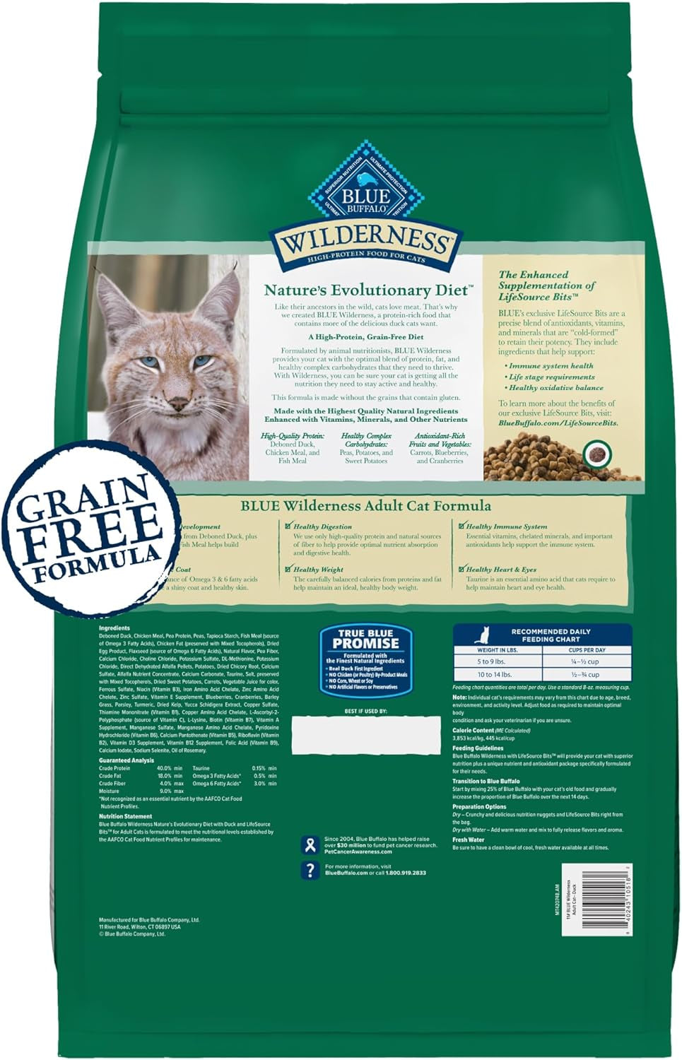 Blue Buffalo Wilderness Duck Supports Health and Wellness High-Protein & Grain-Free Healthy Adult Dry Cat Food 11 Lbs..