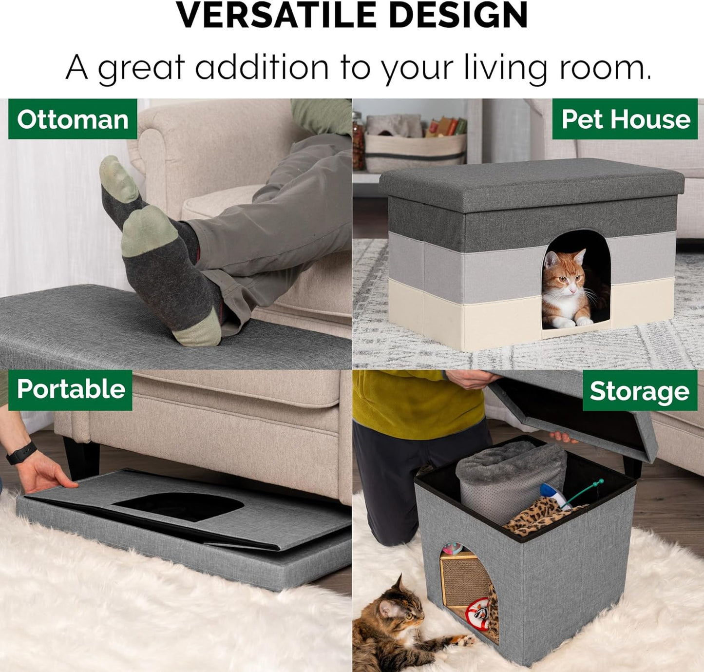 Pet House for Indoor Cats & Medium/Small Dogs, Collapsible & Foldable W/ Plush Ball Toy - Living Room Ottoman Cat Condo - Hygge Stripe (Gray/Cream), Large