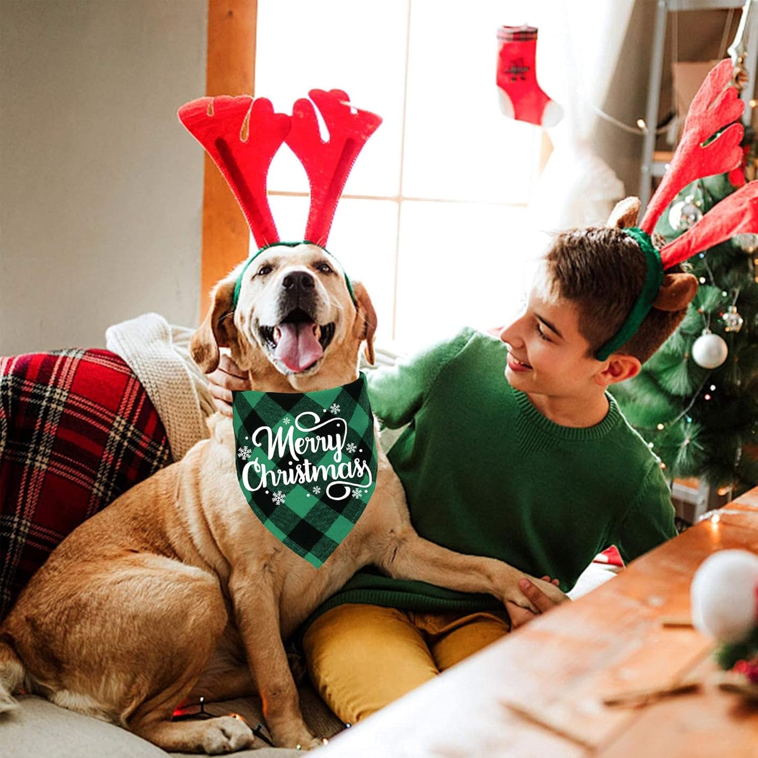 2 Pack Christmas Plaid Dog Bandanas, Merry Christmas Snowflake Holiday Plaid Dog Bandanas for Small Medium Dog Christmas Costume Decorations (Red & Green, White Merry Christmas)