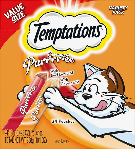 Creamy Puree with Beef Liver and Cheese, Variety Pack of Lickable, Squeezable Cat Treats, 0.42 Oz Pouches, 24 Count.