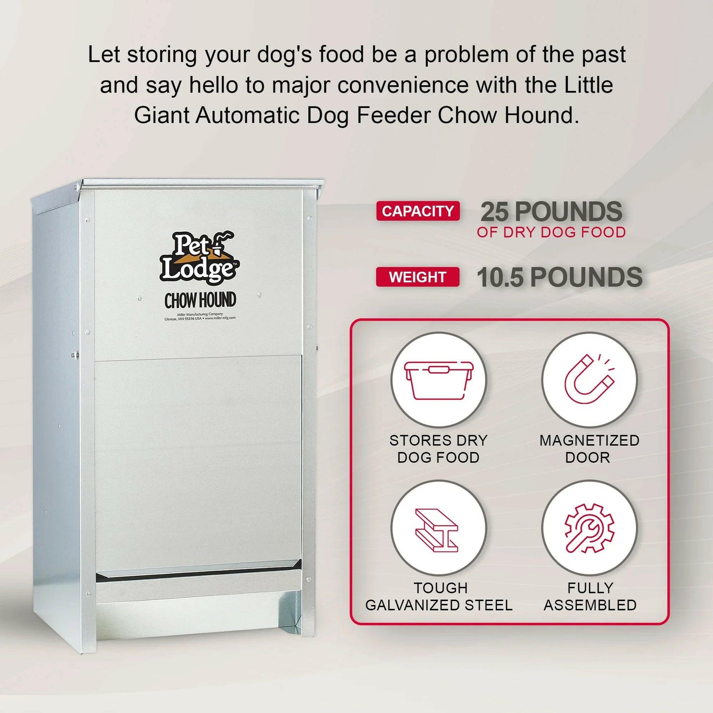 Dry Food Automatic Steel Dog Feeder Chow Hound 25 Pound Capacity