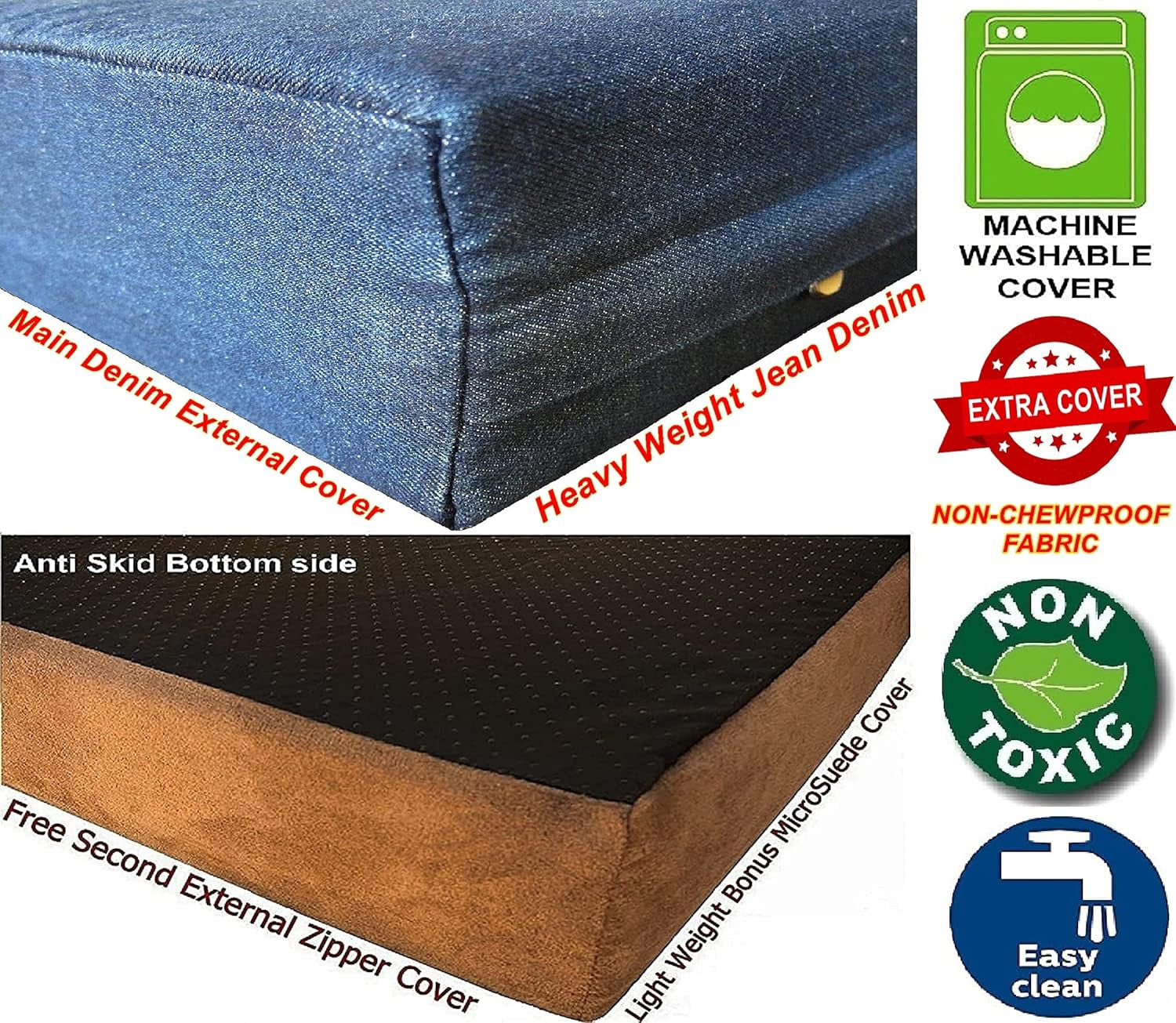 XXL Orthopedic Memory Foam Dog Bed for Large Dogs, Durable Denim Cover, Waterproof Liner and Extra Pet Bed Cover, 55"X37"X4"