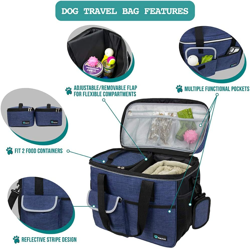 Dog Food Travel Bag with Food Container and Bowls.