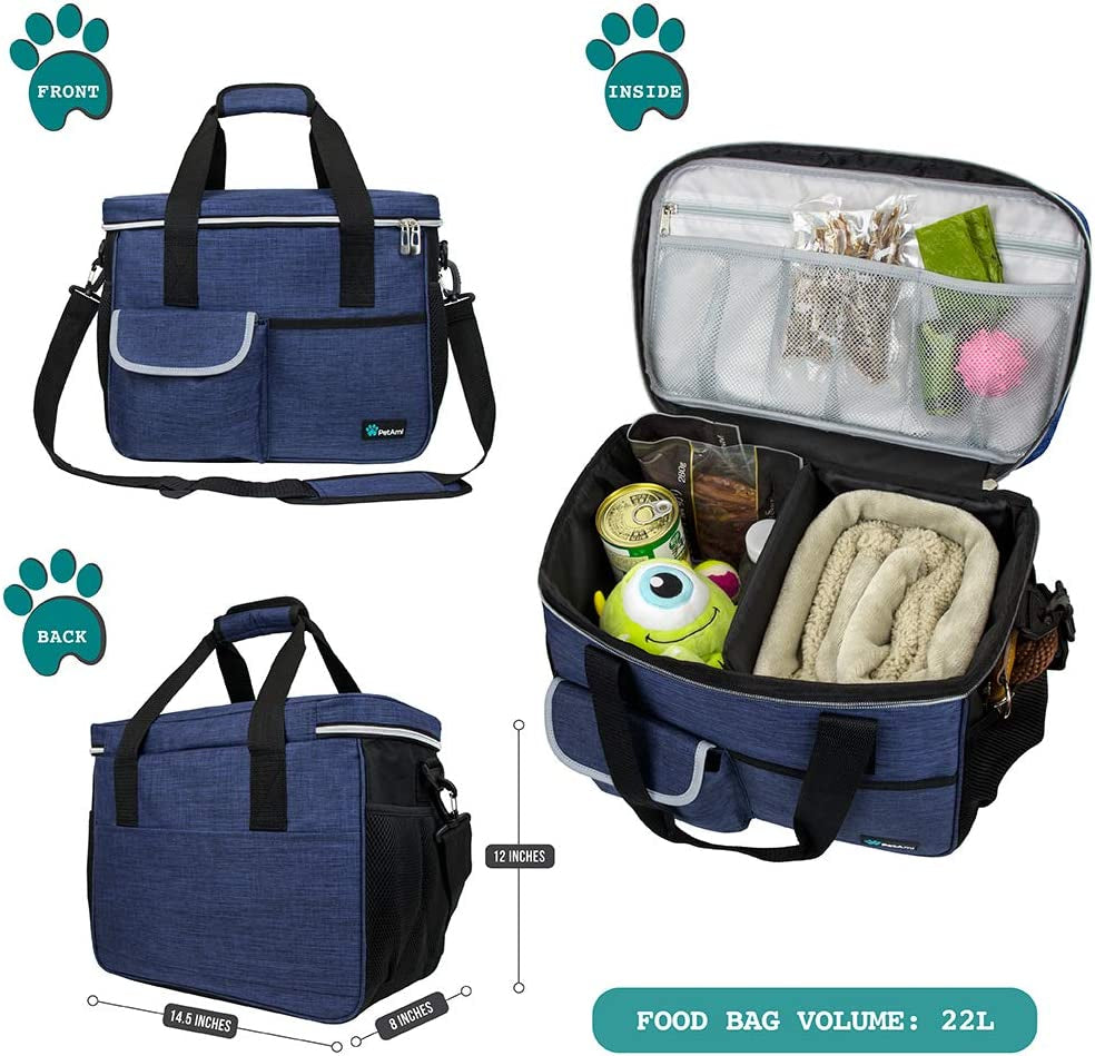 Dog Food Travel Bag with Food Container and Bowls.