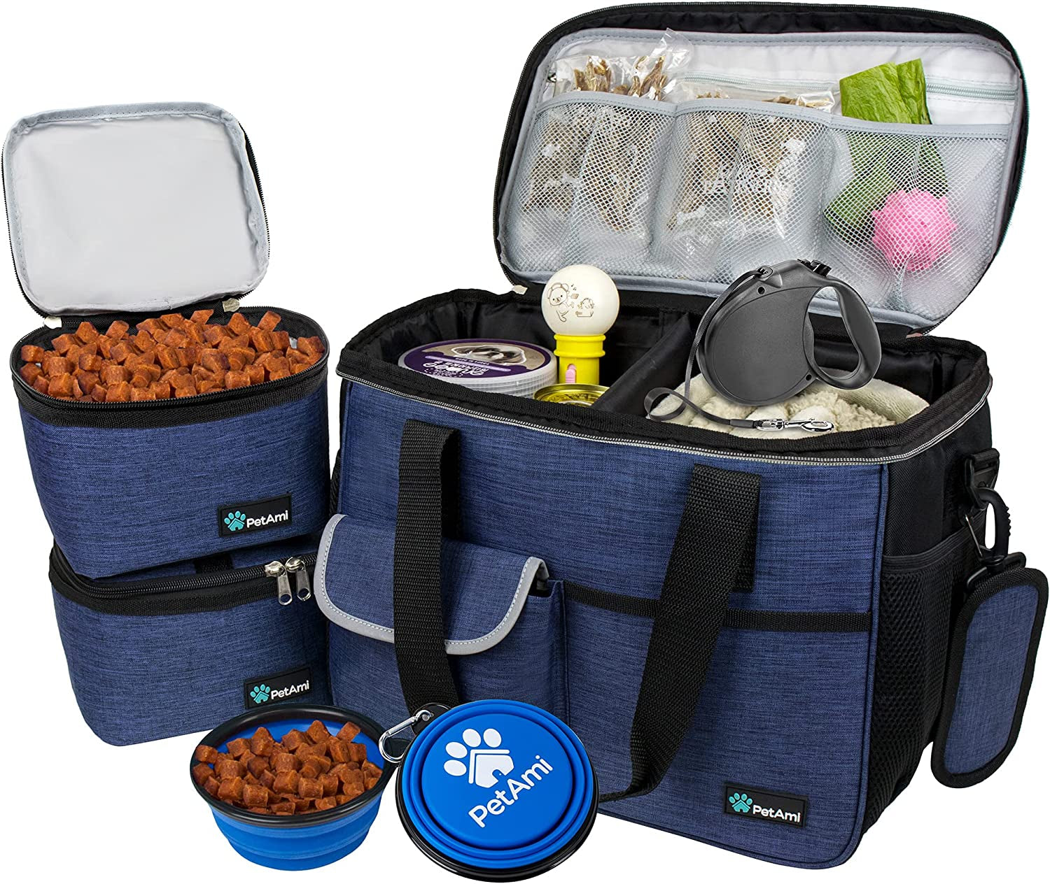 Dog Food Travel Bag with Food Container and Bowls.