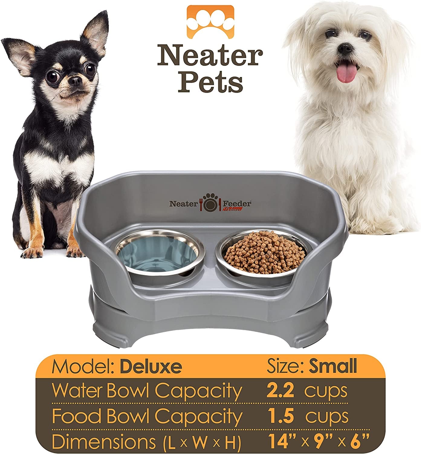 Neater Feeder Deluxe Mess Proof Dog Bowls Elevated for Small Breeds – Made in USA – No Spill Raised Dog Food Bowl Stand – Stainless Steel Dog Food and Water Bowl Set – Non-Tip & Non-Skid – Grey