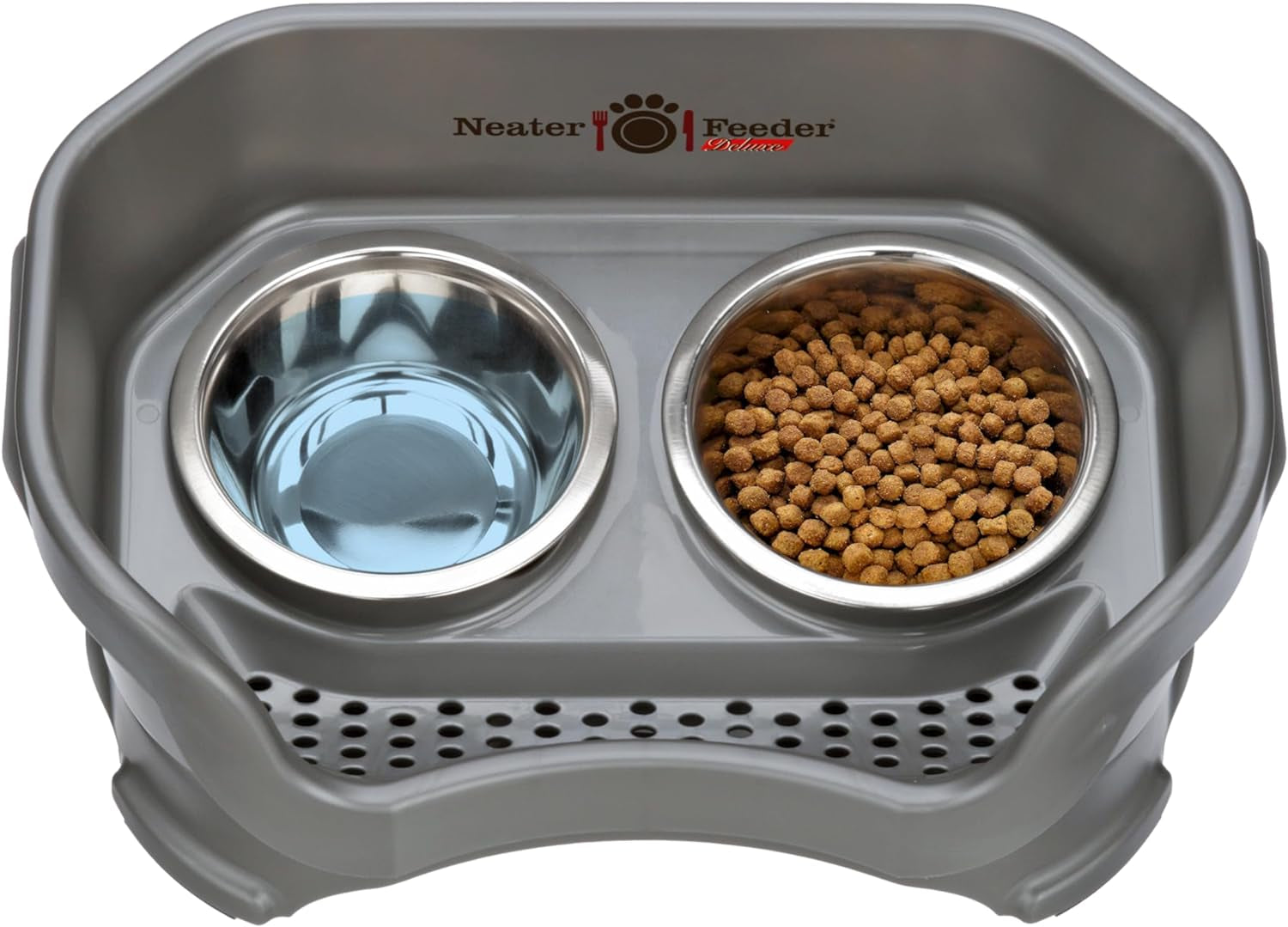 Neater Feeder Deluxe Mess Proof Dog Bowls Elevated for Small Breeds – Made in USA – No Spill Raised Dog Food Bowl Stand – Stainless Steel Dog Food and Water Bowl Set – Non-Tip & Non-Skid – Grey