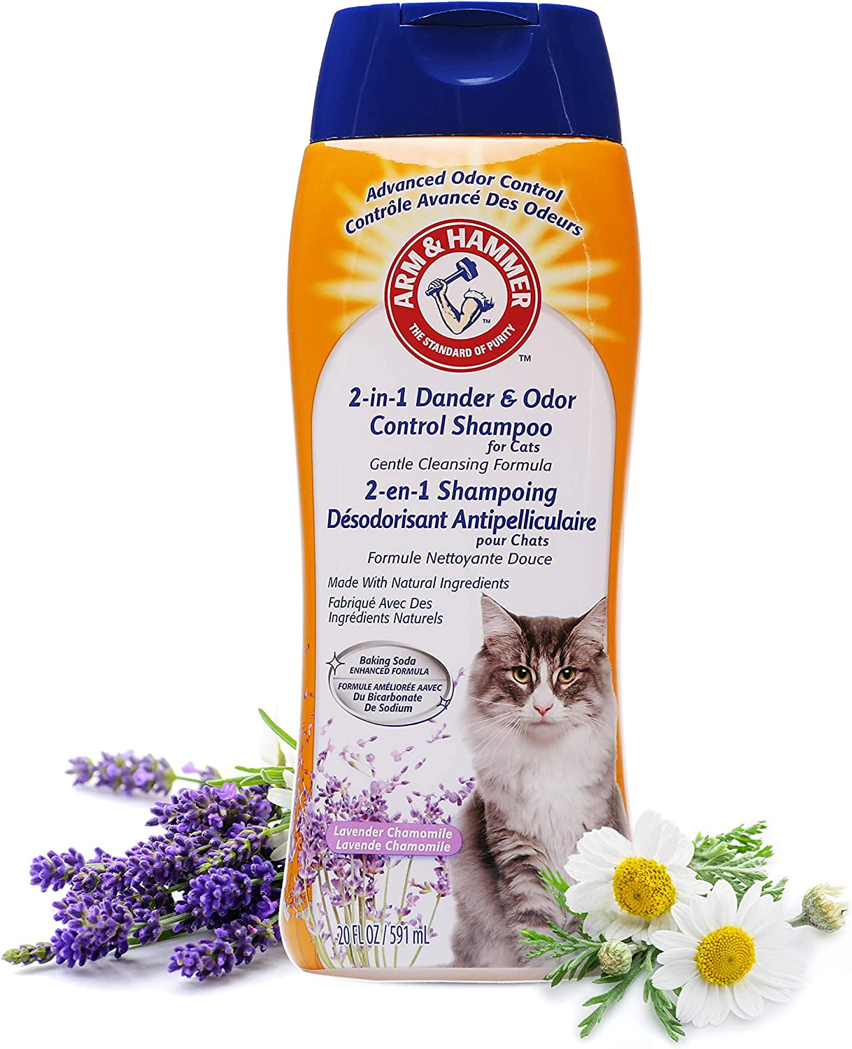 2-In-1 Deodorizing & Dander Reducing Shampoo for Cats, Dander Remover for Dander and Odors, Baking Soda Moisturizes and Deodorizes, Lavender Chamomile Scent, 20 Fl Oz (Pack of 1)