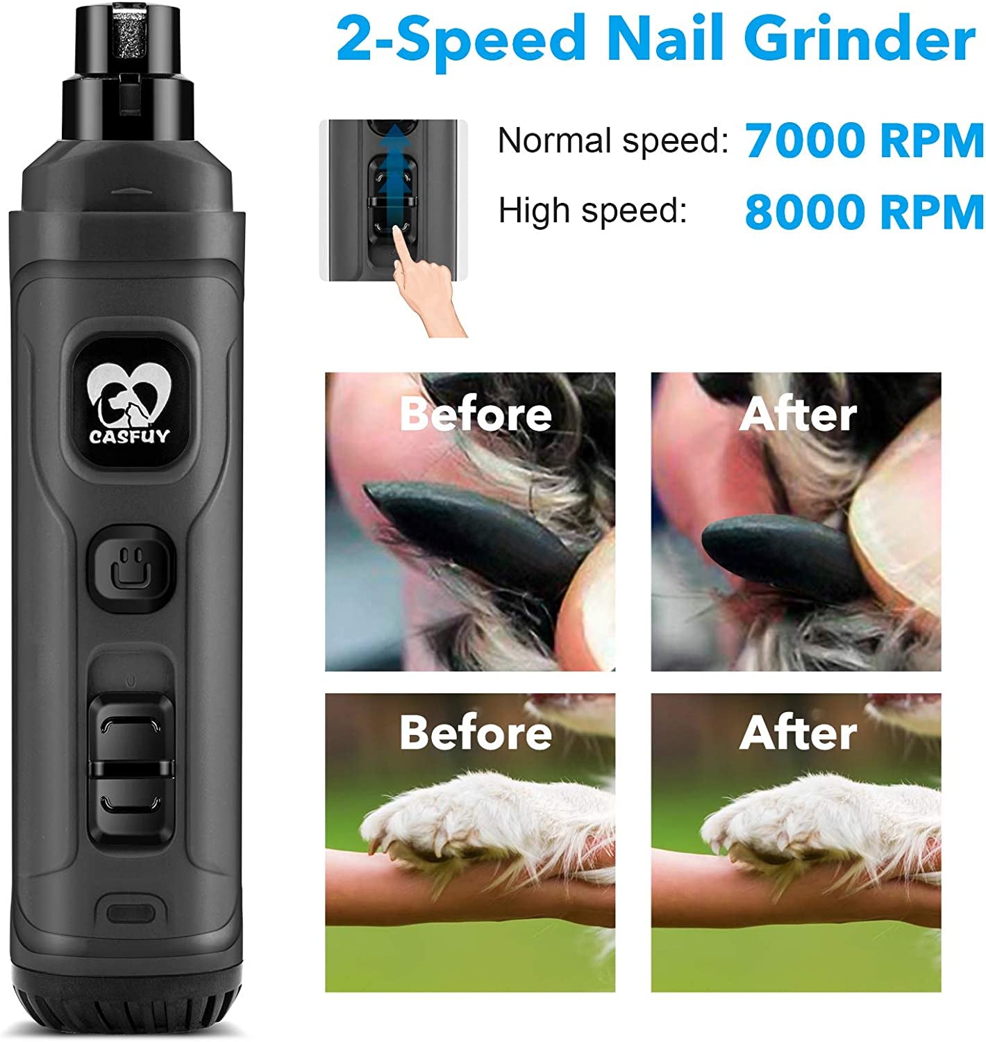 Casfuy Upgraded Dog Nail Grinder – 2 LED Lights, Powerful & Quiet Pet Nail Trimmer 🐶🐾.