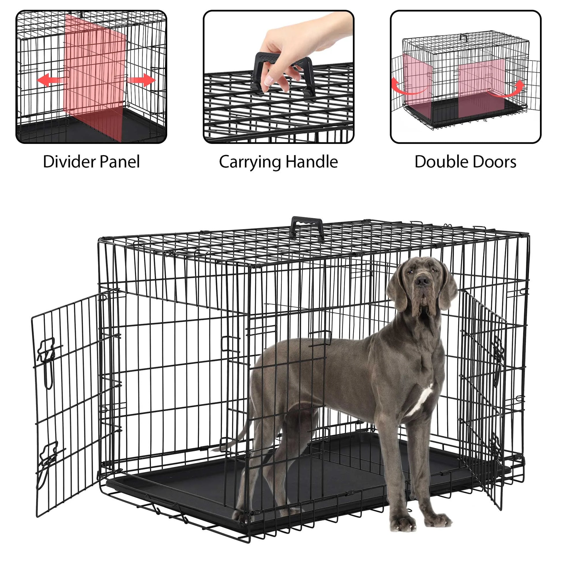 48 Inch Dog Crate, Dog Crates and Kennels for Big Dog Foldable Large Dog Crate for Large Dogs with Handle Double-Door Outdoor Metal Wire Dog Cage with Plastic Tray for Medium Dogs, Black